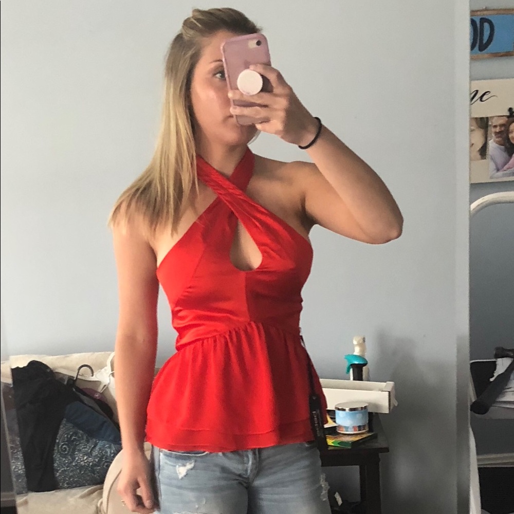 XS Bebe red silk peplum top